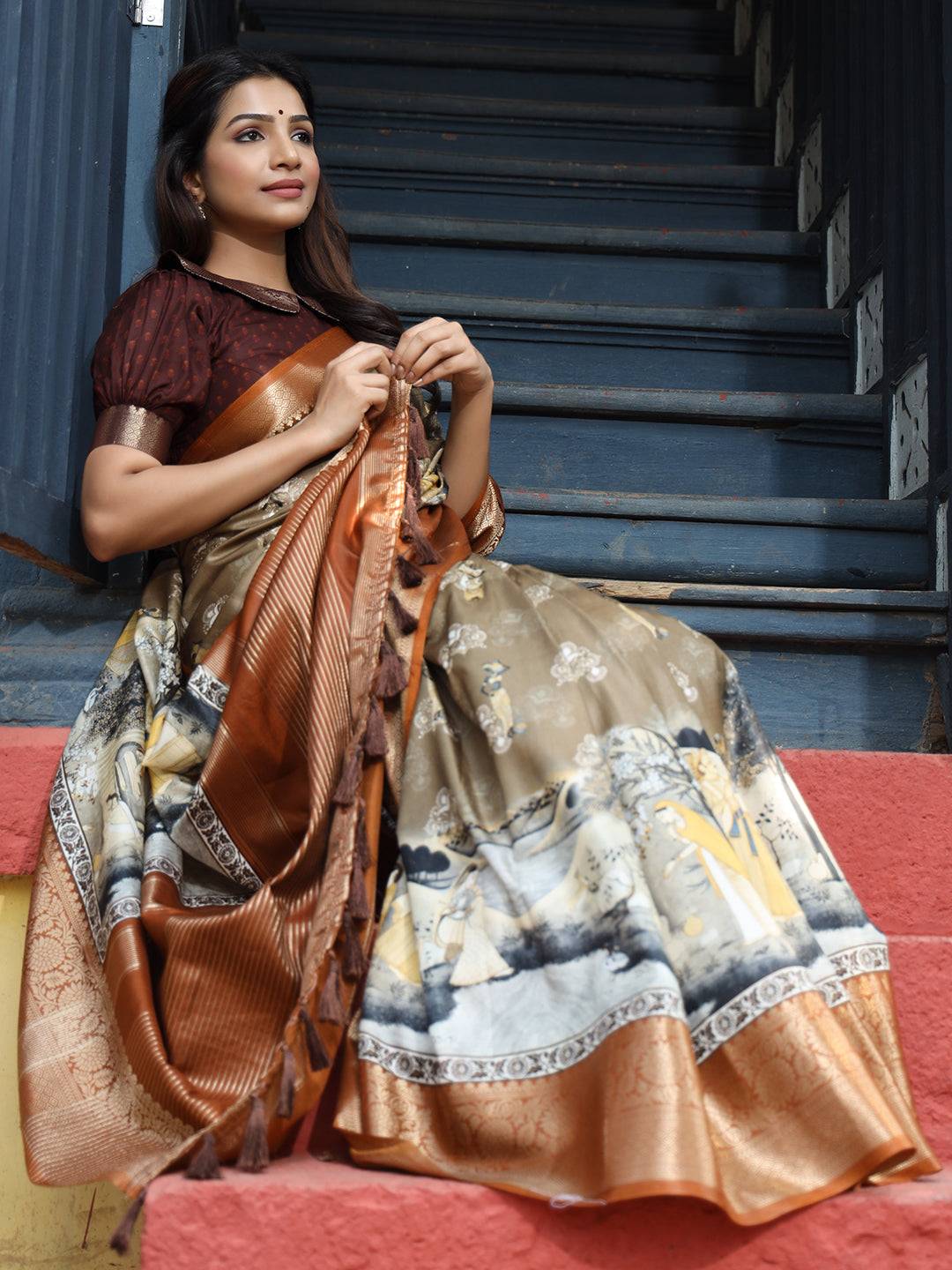 Multi Hand Kalamkari Printed Pure Viscose Dola Silk Saree - Luxe