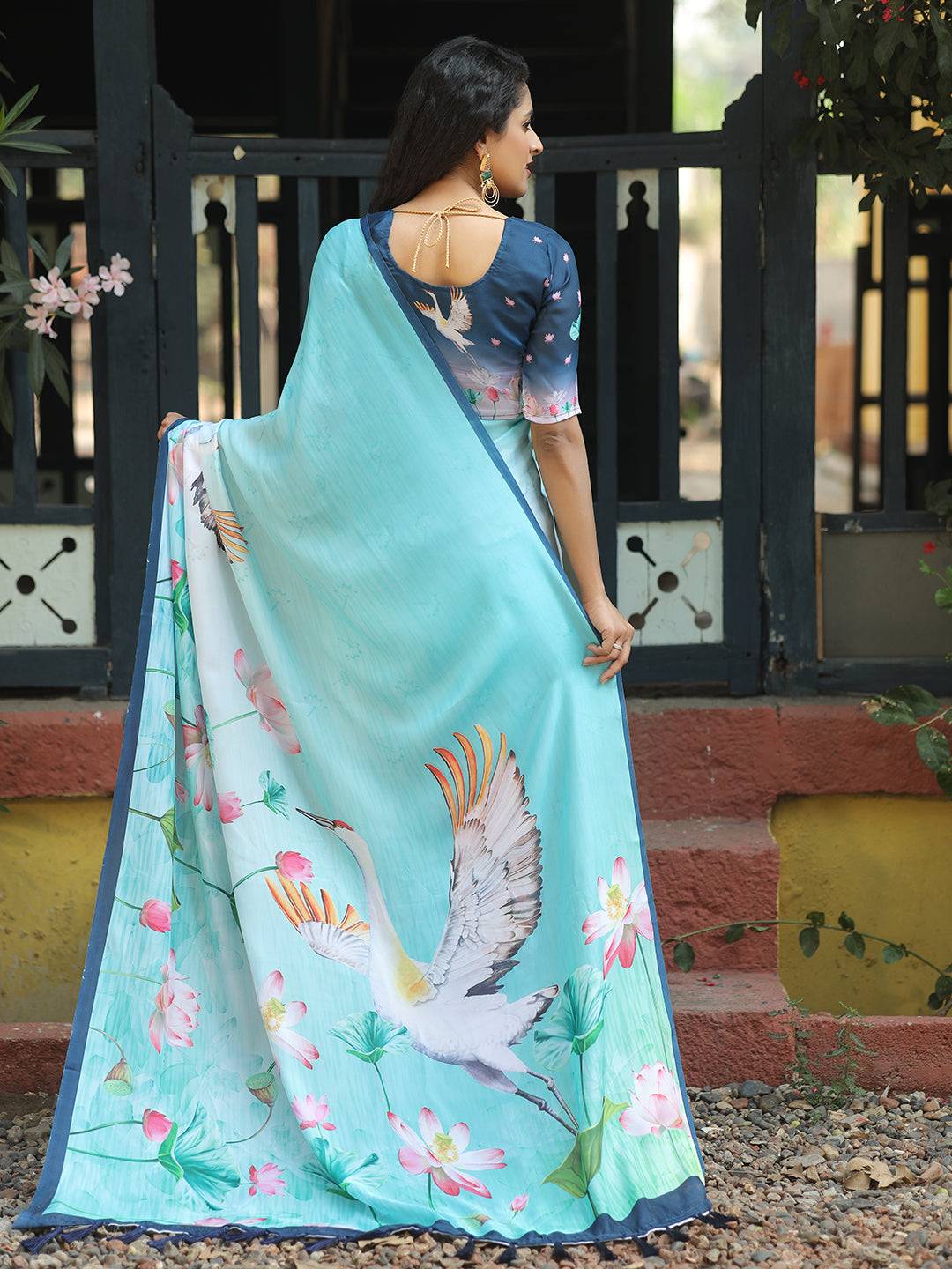 Satin Georgette Aqua Colour Hand Print Saree - Luxe by My Store