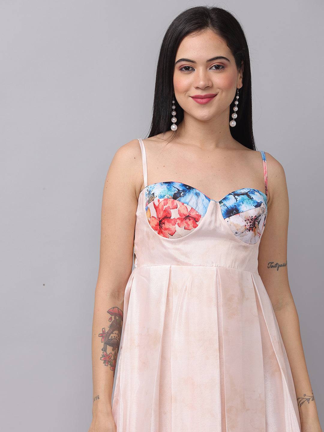 Cream Printed Floral Dress by My Store