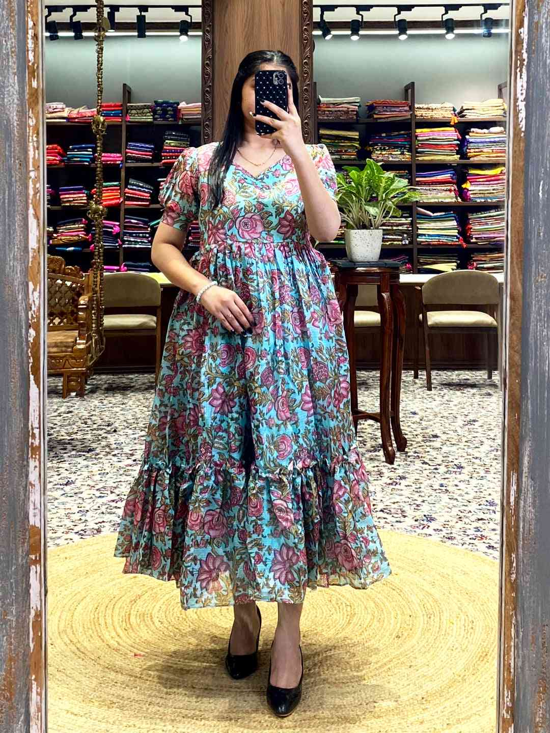 Middle Blue Floral Print Midi Dress by My Store
