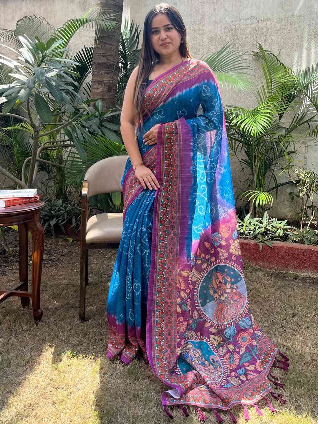 Blue Colour Design Linen Saree with Bandhej and kalamkari Digital Print