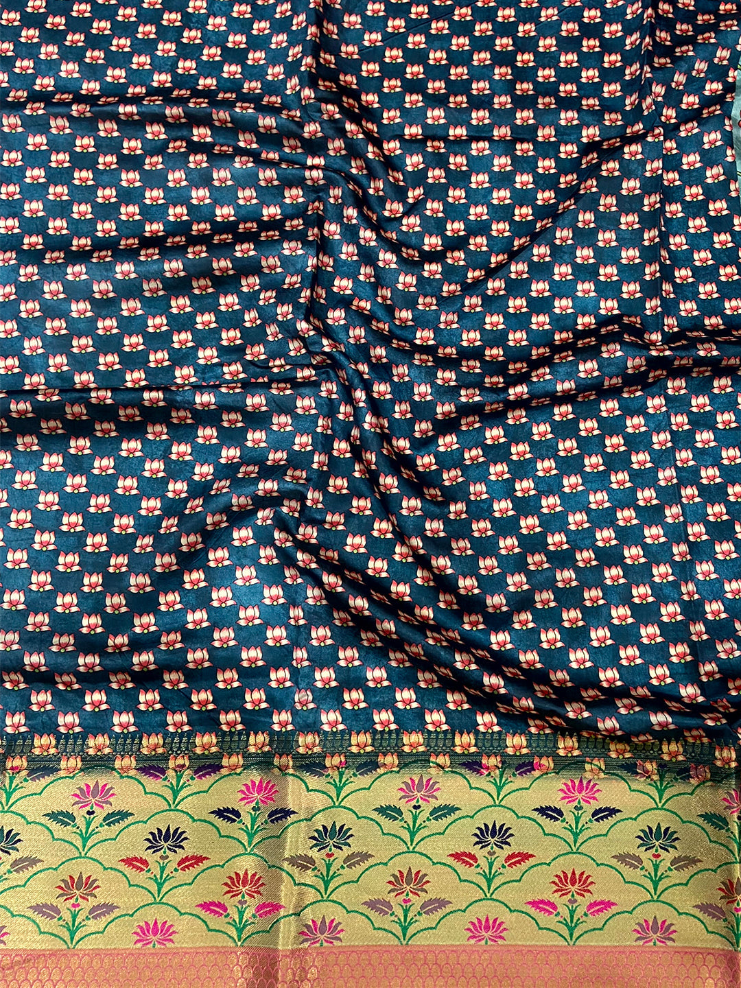 Teal Freehand Digital Print Soft Silk Saree by My Store