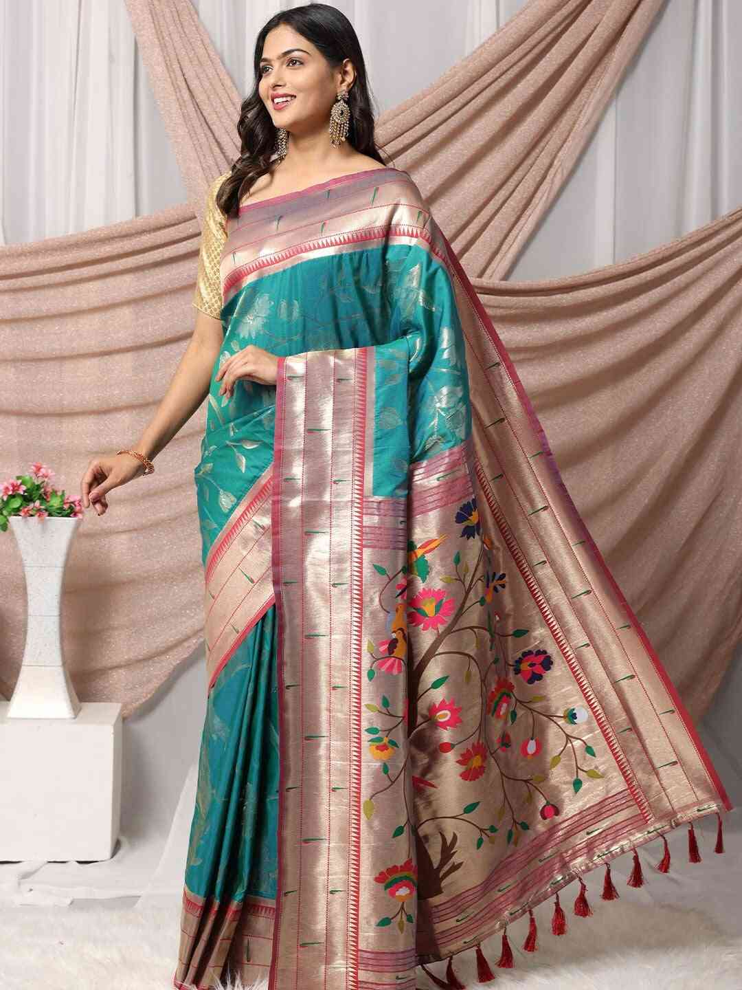 Silk Blend Woven Zari Work Paithani Saree In Rama Colour by My Store