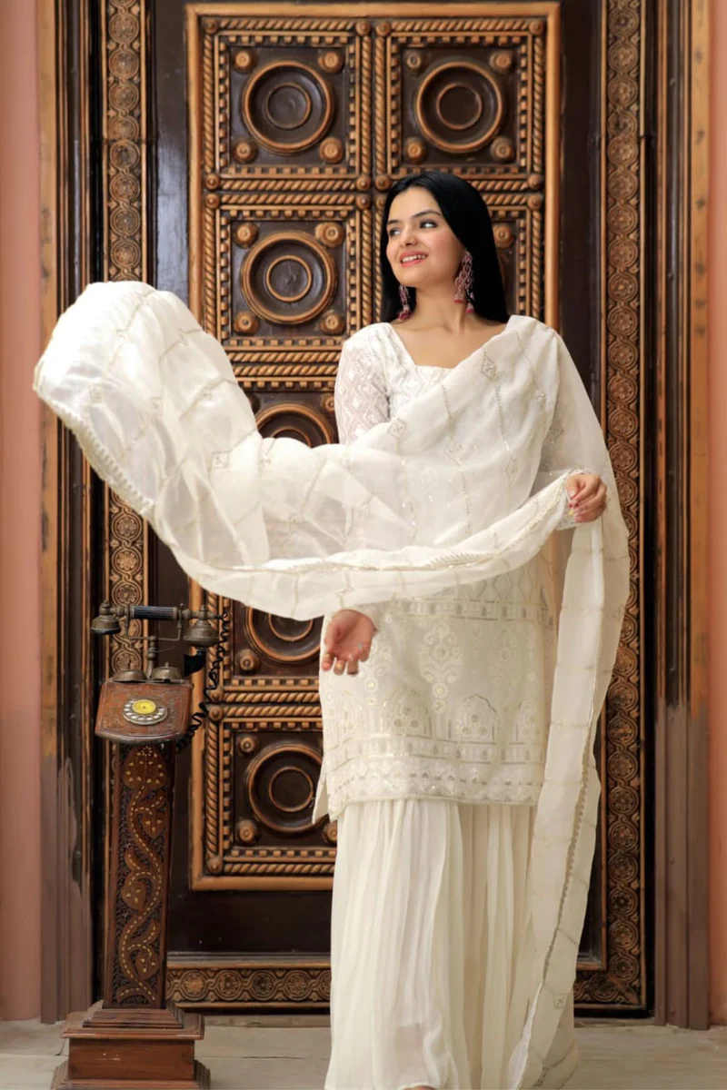 Party Wear Georgette White Sharara Suit