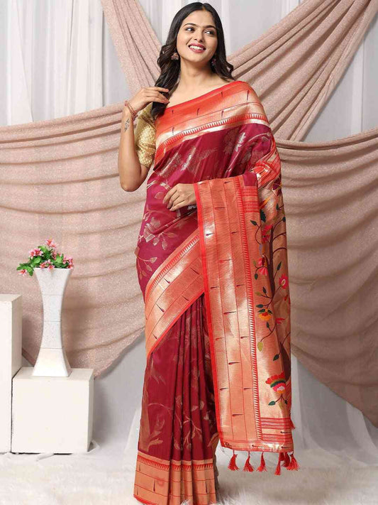 Maroon Paithani Silk Blend Saree by My Store