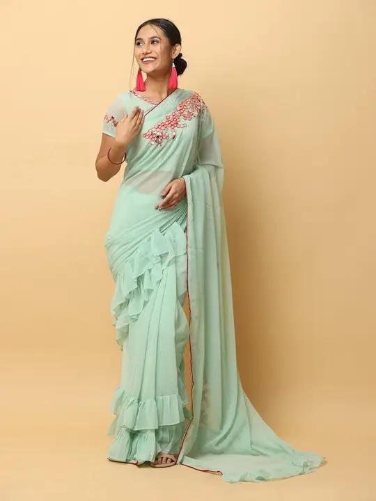 Soft Georgette Se Green Colour Ruffle Party Wear Saree by My Store