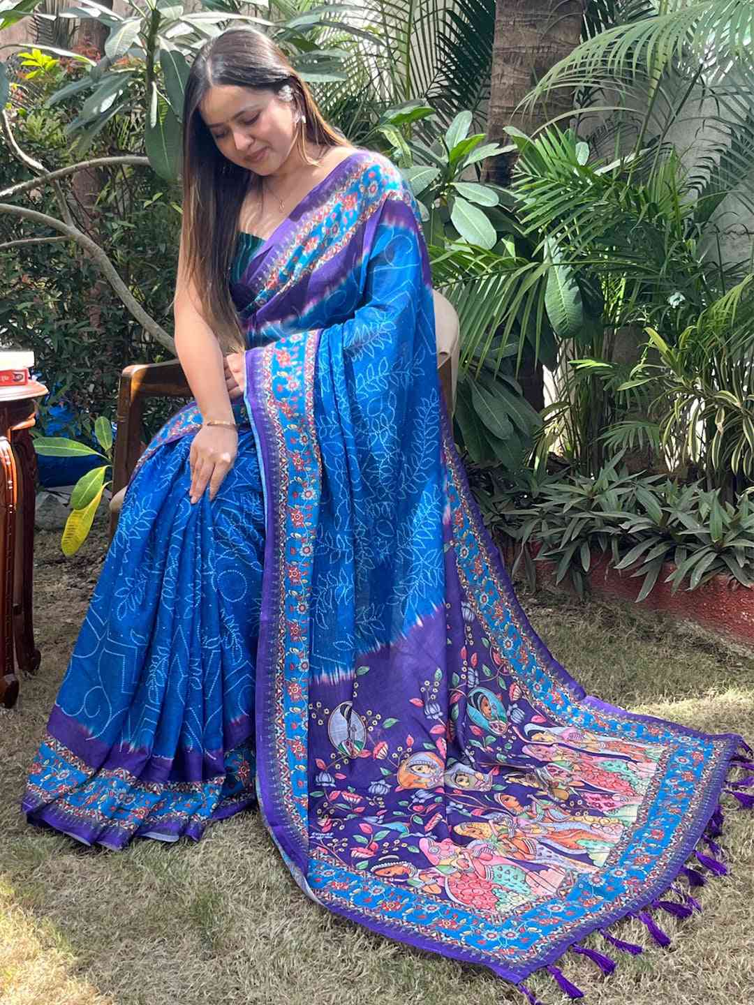 Royal Blue Design Linen Saree with Bandhej and kalamkari Digital Print by My Store
