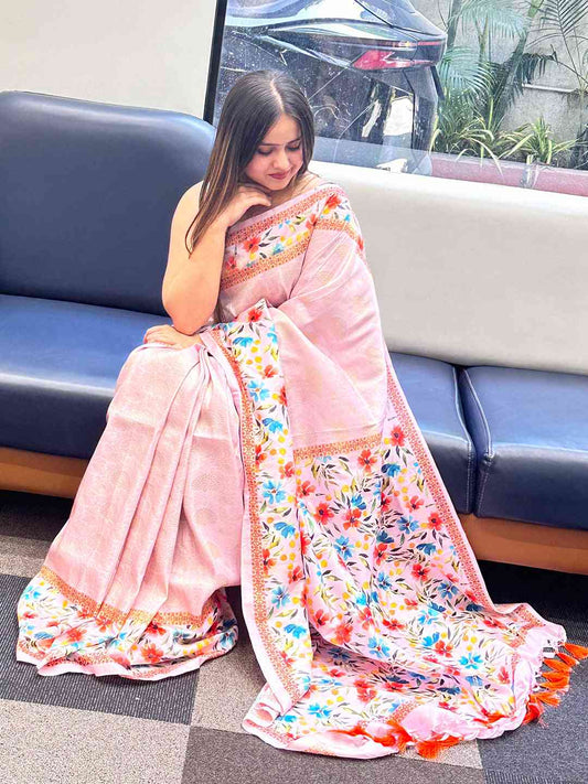 Light Pink Colour Kanjivaram Weaving Saree With Print by My Store