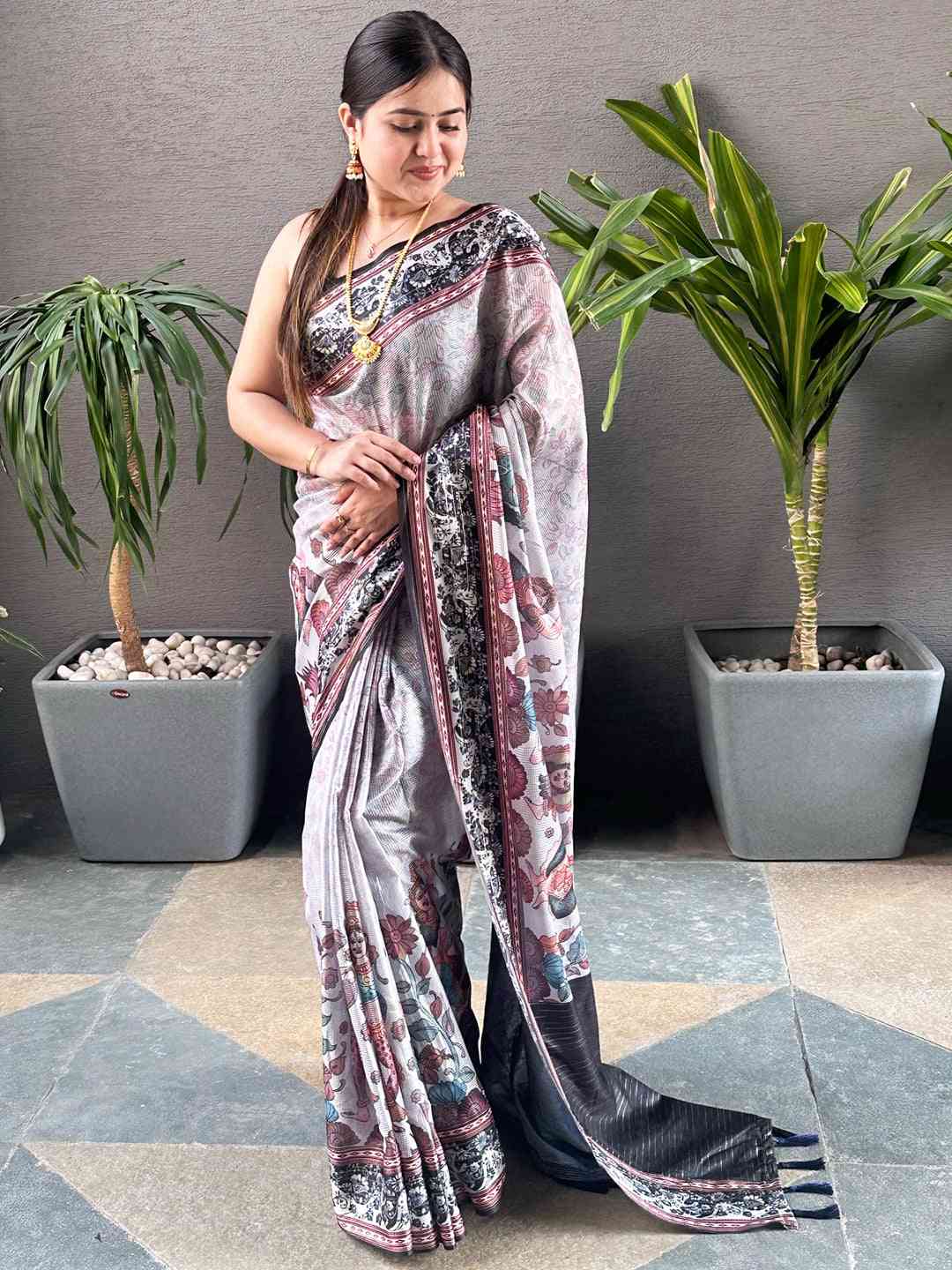 Grey Colour Satin Kota Doria Digital Kalamkari Zari Pallu by My Store