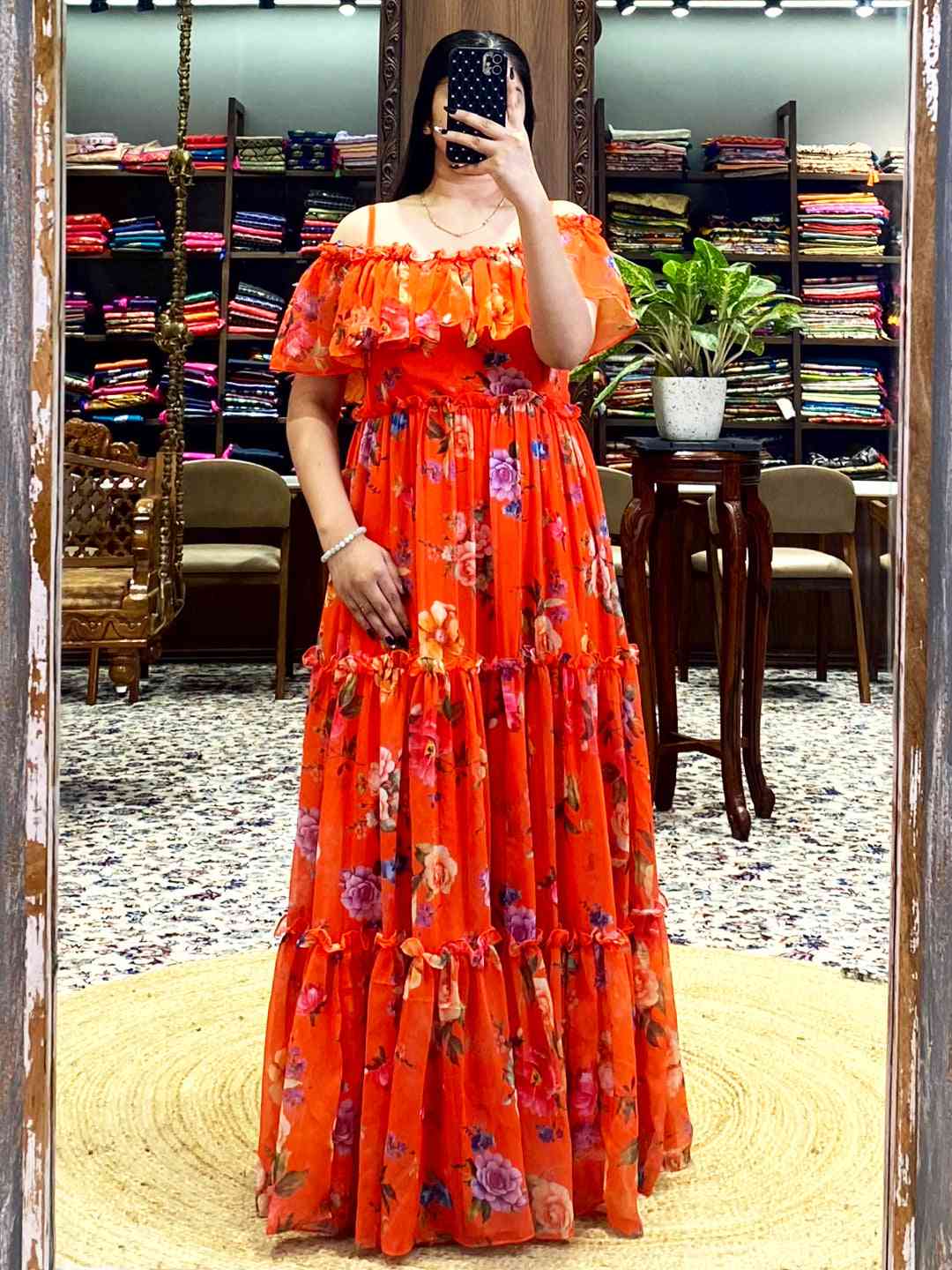 Sunny Orange Georgette Floral Dress by My Store