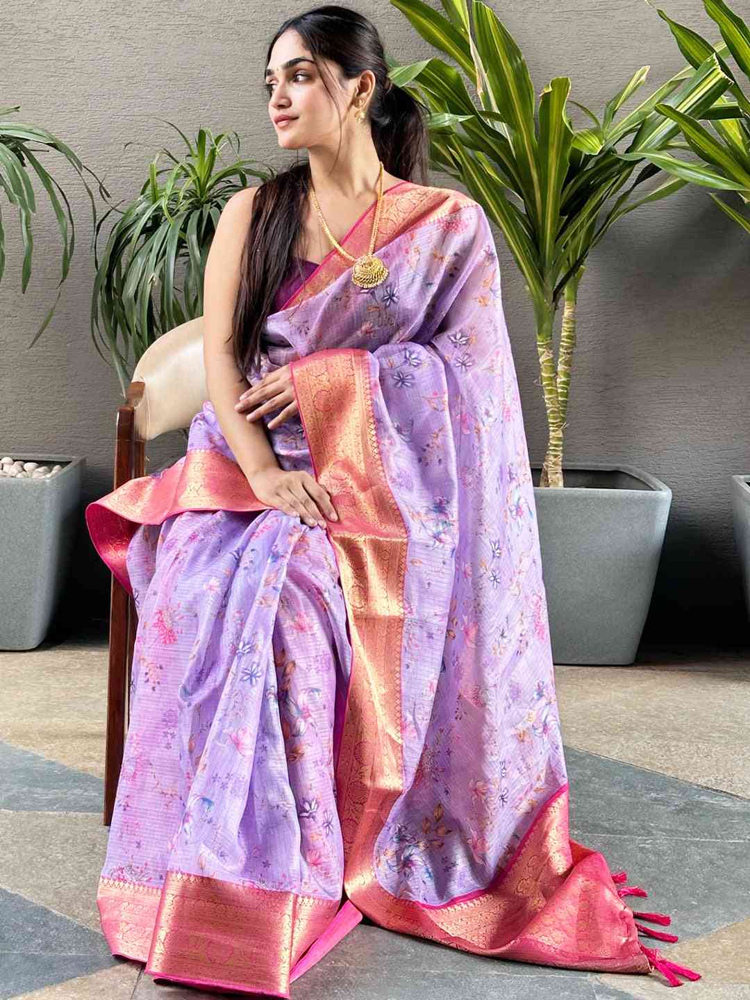 Design Purple Colour Digital Flower Print Kota Silk Saree by My Store