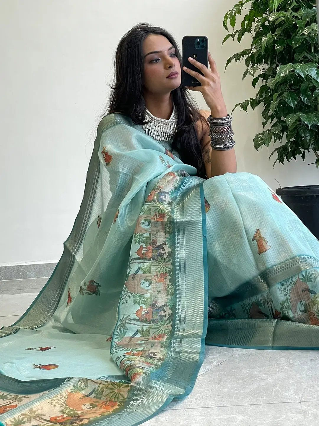 Exclusive Soft Gold Zari Tissue Digital Print Saree by My Store