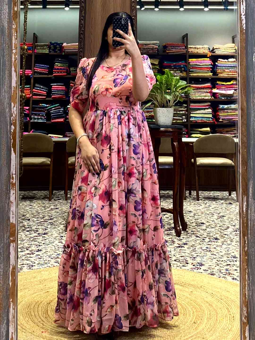 Salmon Pink Floral Georgette Dress by My Store