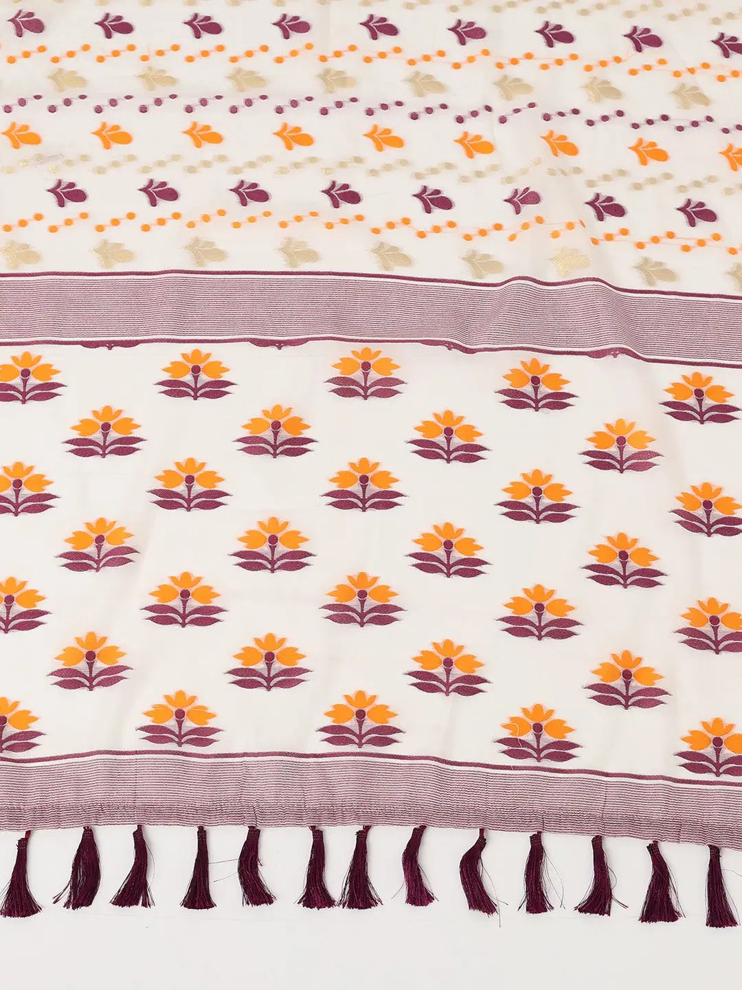 Cream Dhakai Jamdani Cotton Silk Saree by My Store