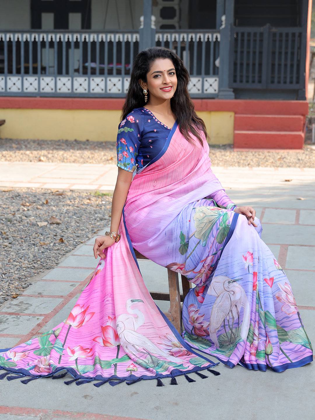 Satin Georgette Dark Pink Colour Hand Print Saree - Luxe by My Store