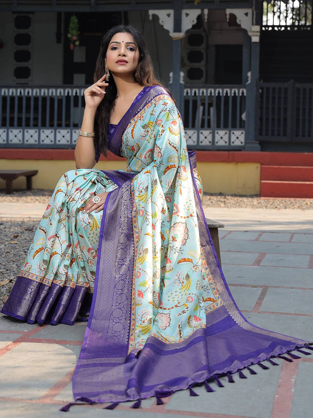 Sky Blue Colour Phulkari Design Zari Weaving Pallu Saree - Luxe by My Store