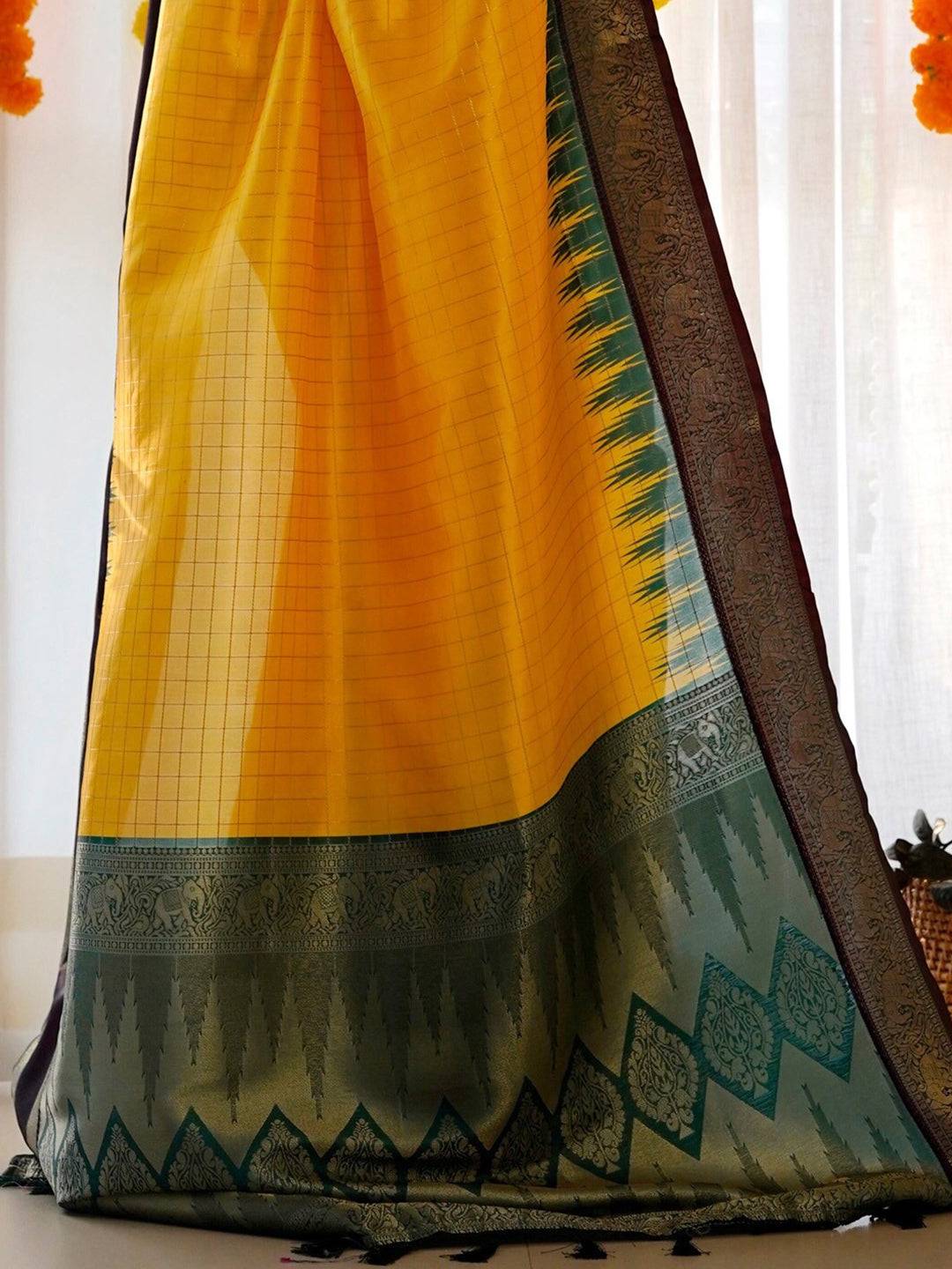 Yellow Colour Banarasi Soft Silk Gadwal Pattu Zari Weaving Party Wear Saree