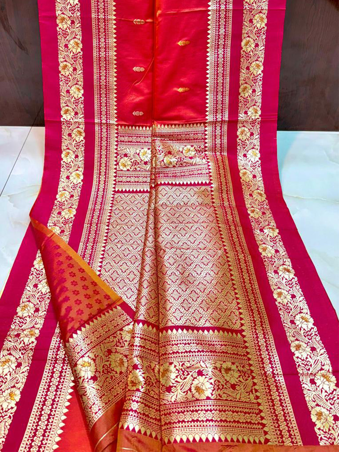 Gold Zari Woven Rani Soft Silk Saree by My Store