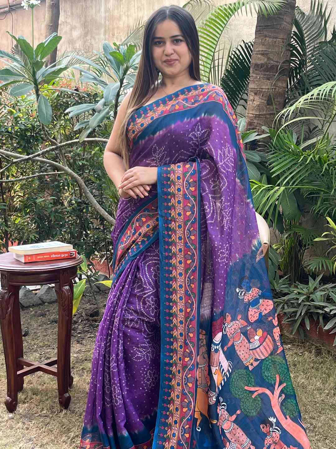 Purple Linen Bandhej Kalamkari Print Saree