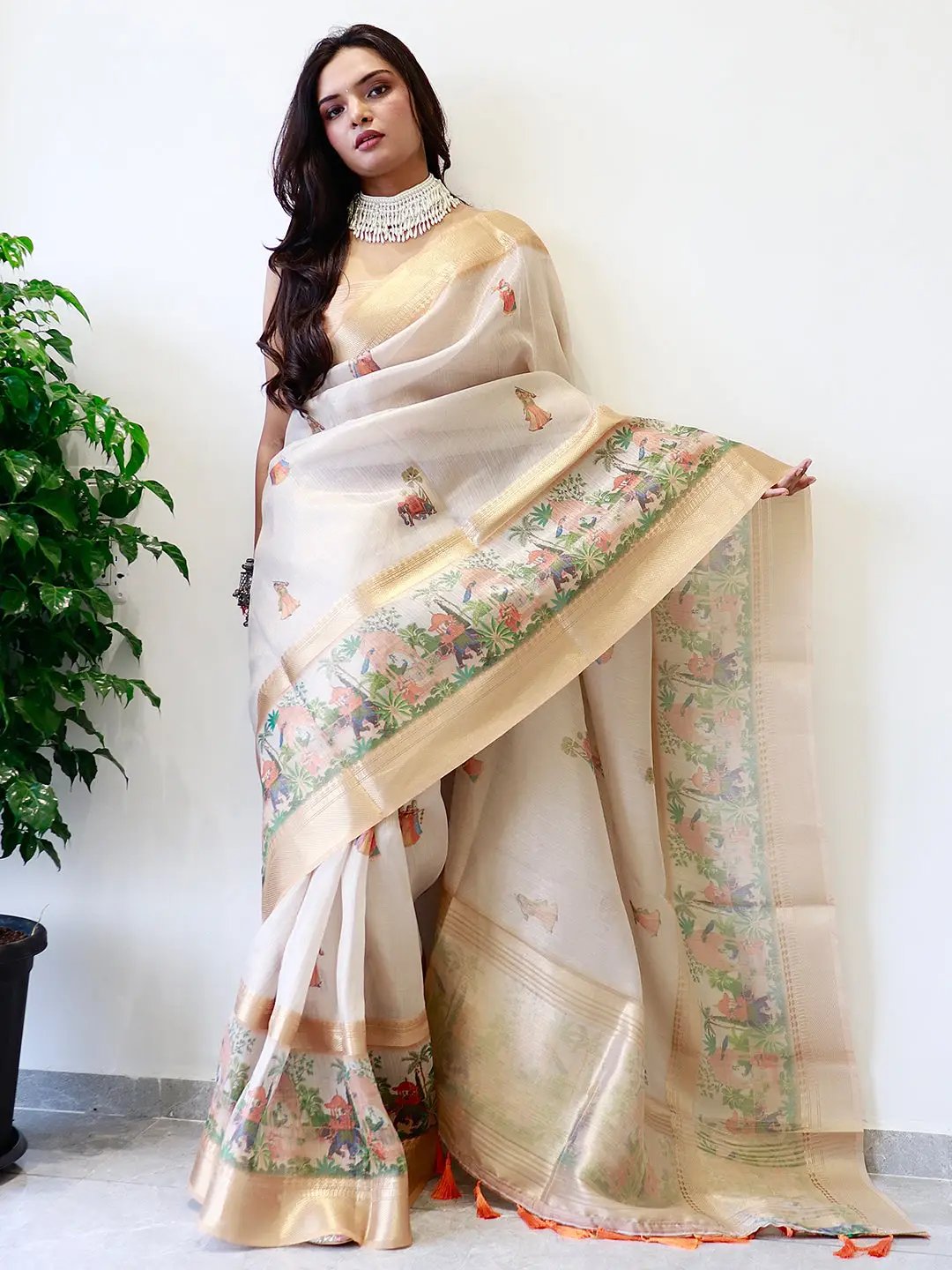 Exclusive Soft Gold Zari Tissue Digital Print Saree by My Store