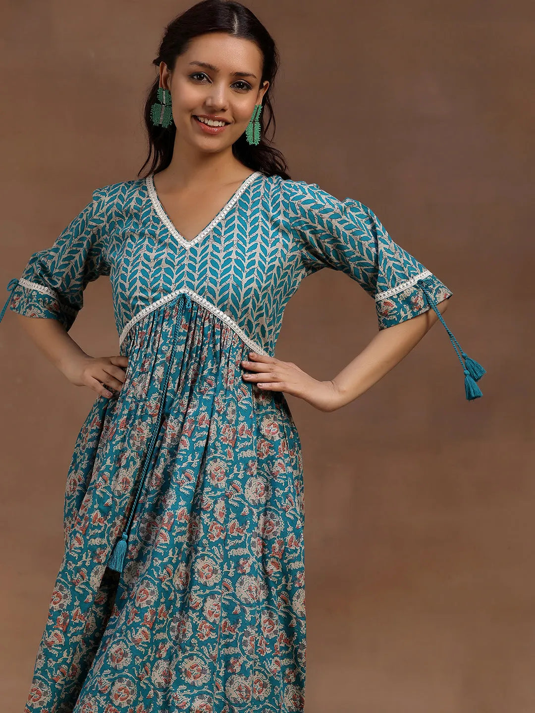 Green Printed Cotton Fit and Flare Dress by My Store