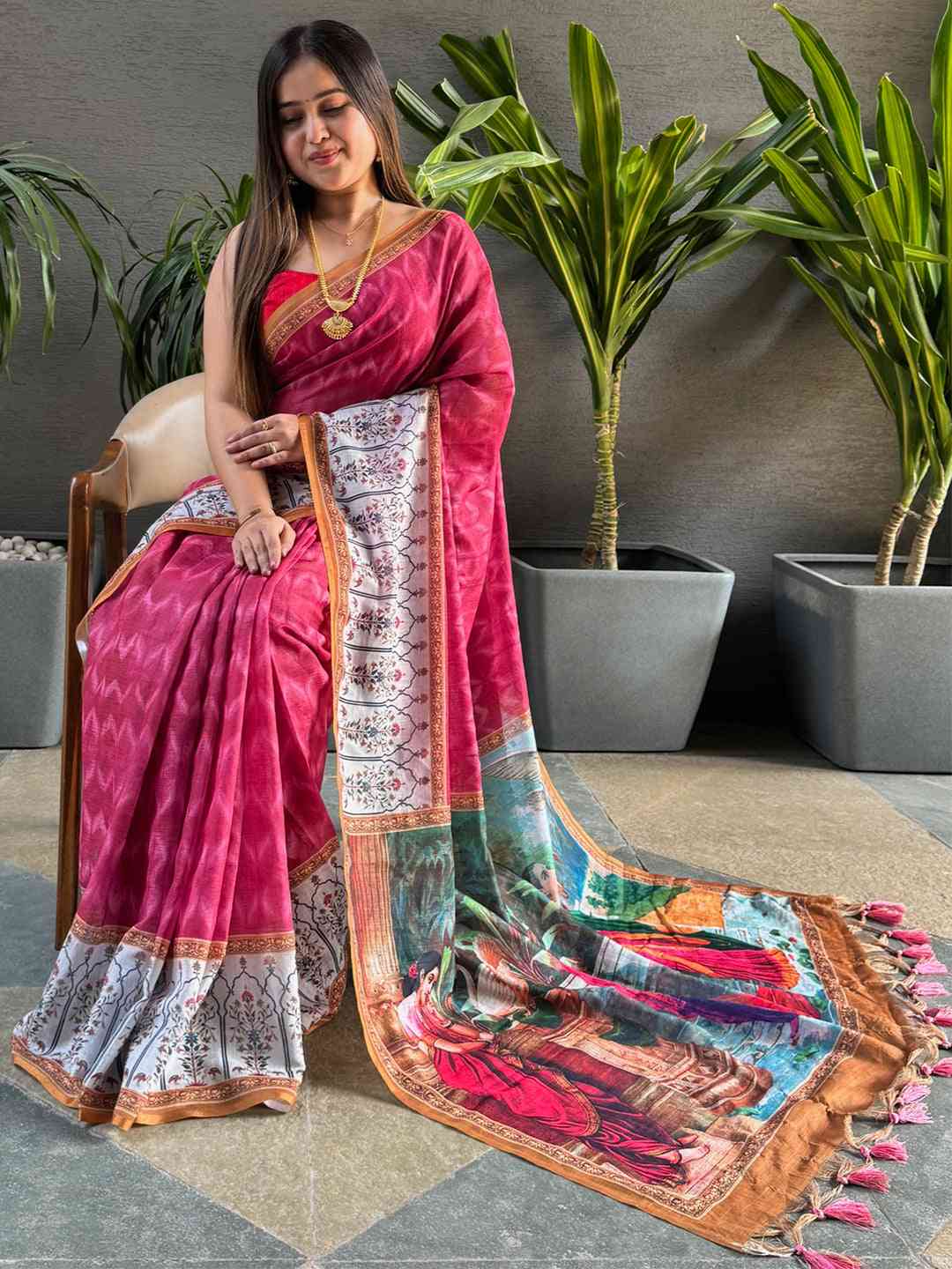 Rani Colour Ikkat Print Saree With kalamkari Block Print Design by My Store