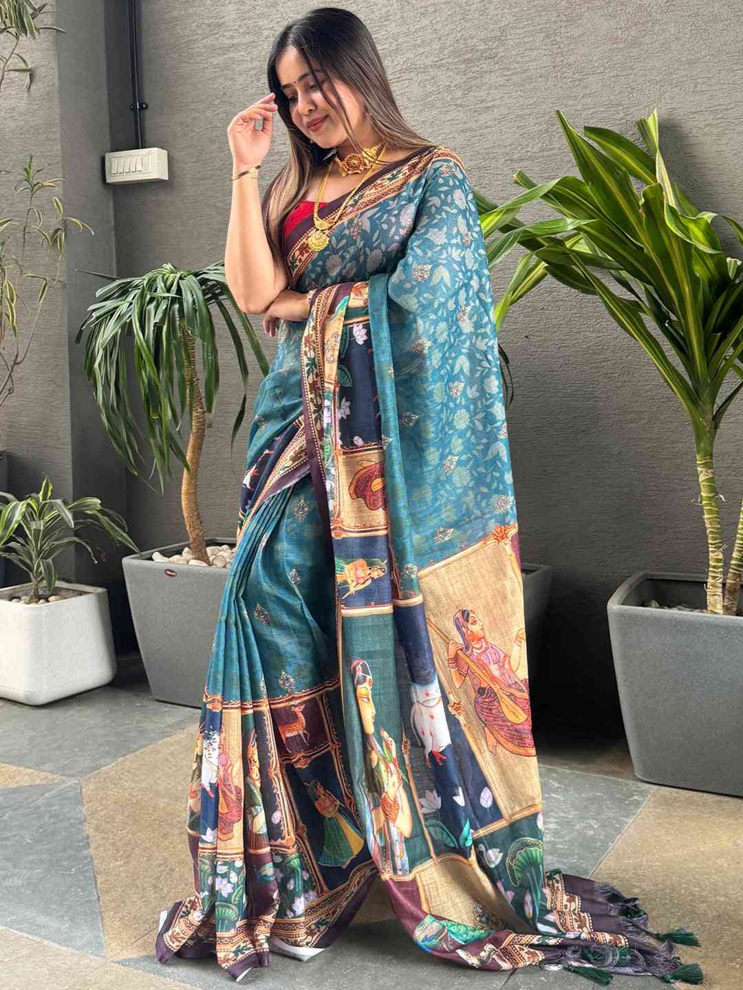 Firozi colour Linen Saree With Digital Print And Majestic Border by My Store