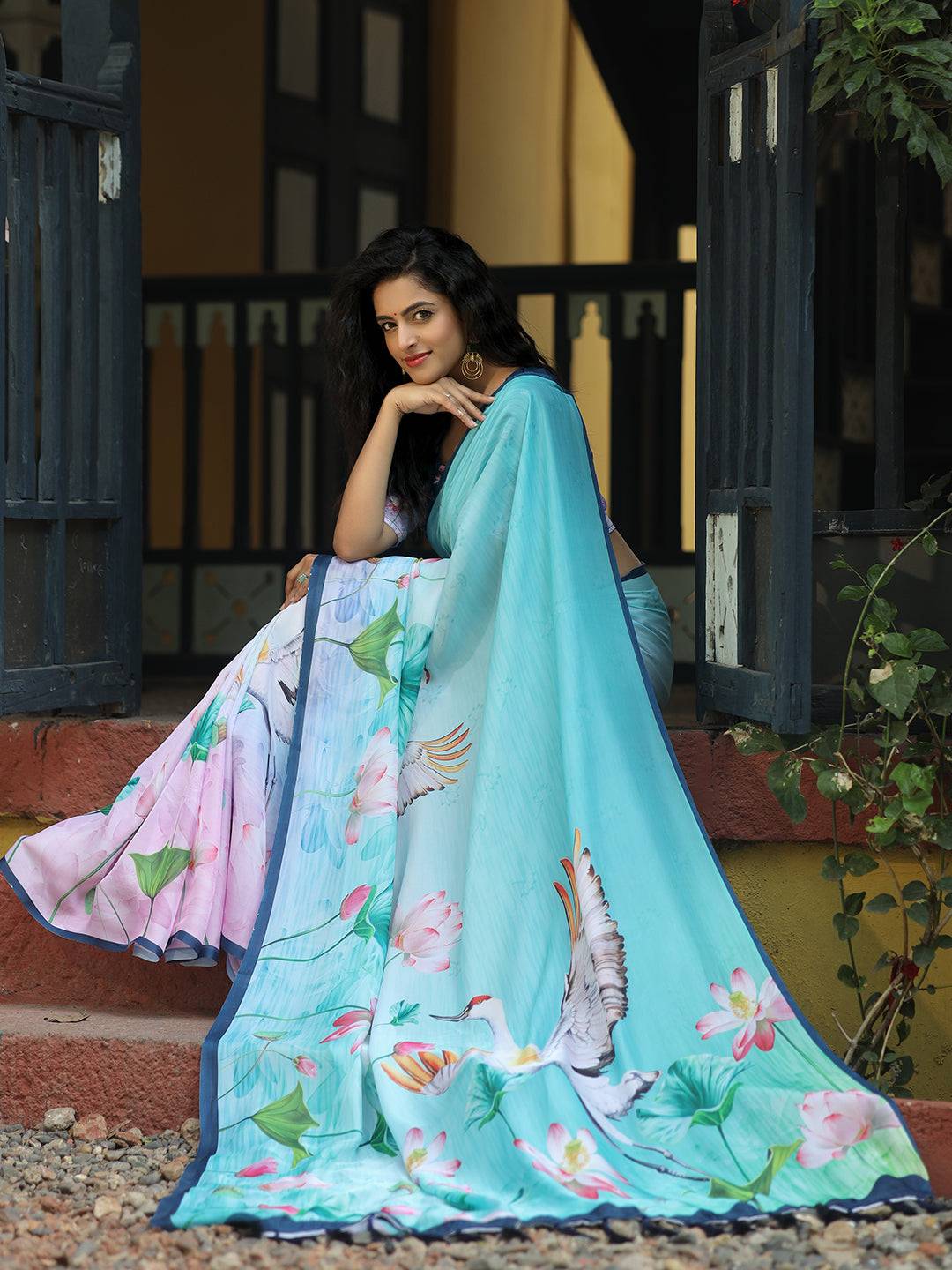 Satin Georgette Aqua Colour Hand Print Saree - Luxe by My Store