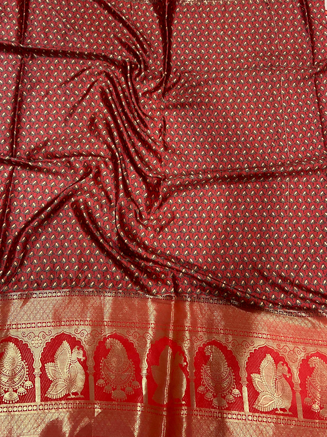 Elegant Soft Cherry Satin Kalamkari Print Saree by My Store