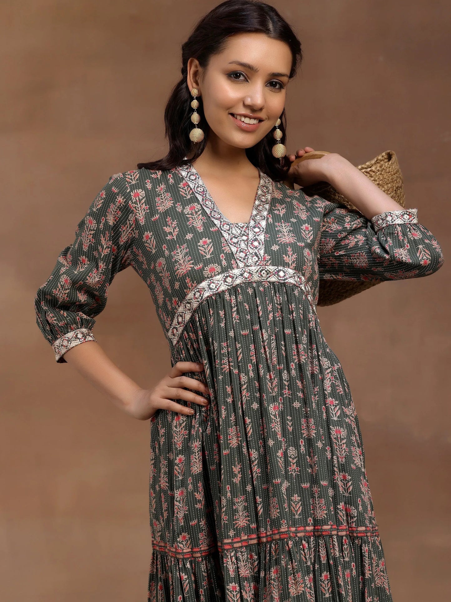 Green Printed Cotton Fit and Flare Dress