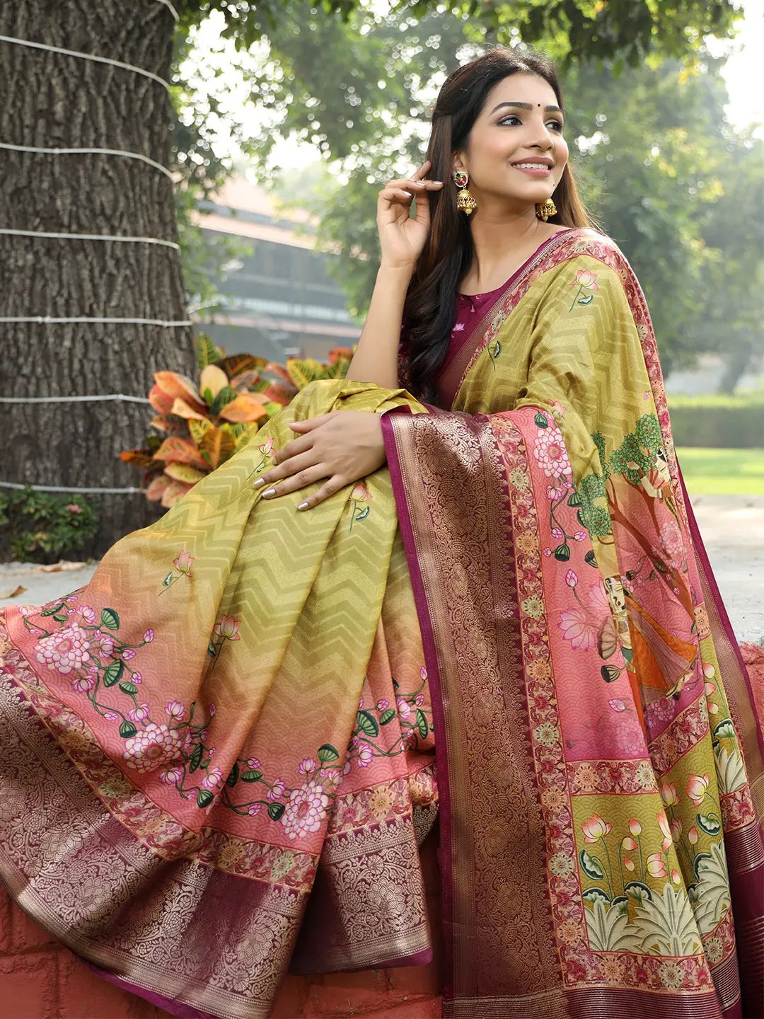 Light Green Colour Pure Viscose Dola Silk Saree with Pichwai Kalamkari Print - Luxe