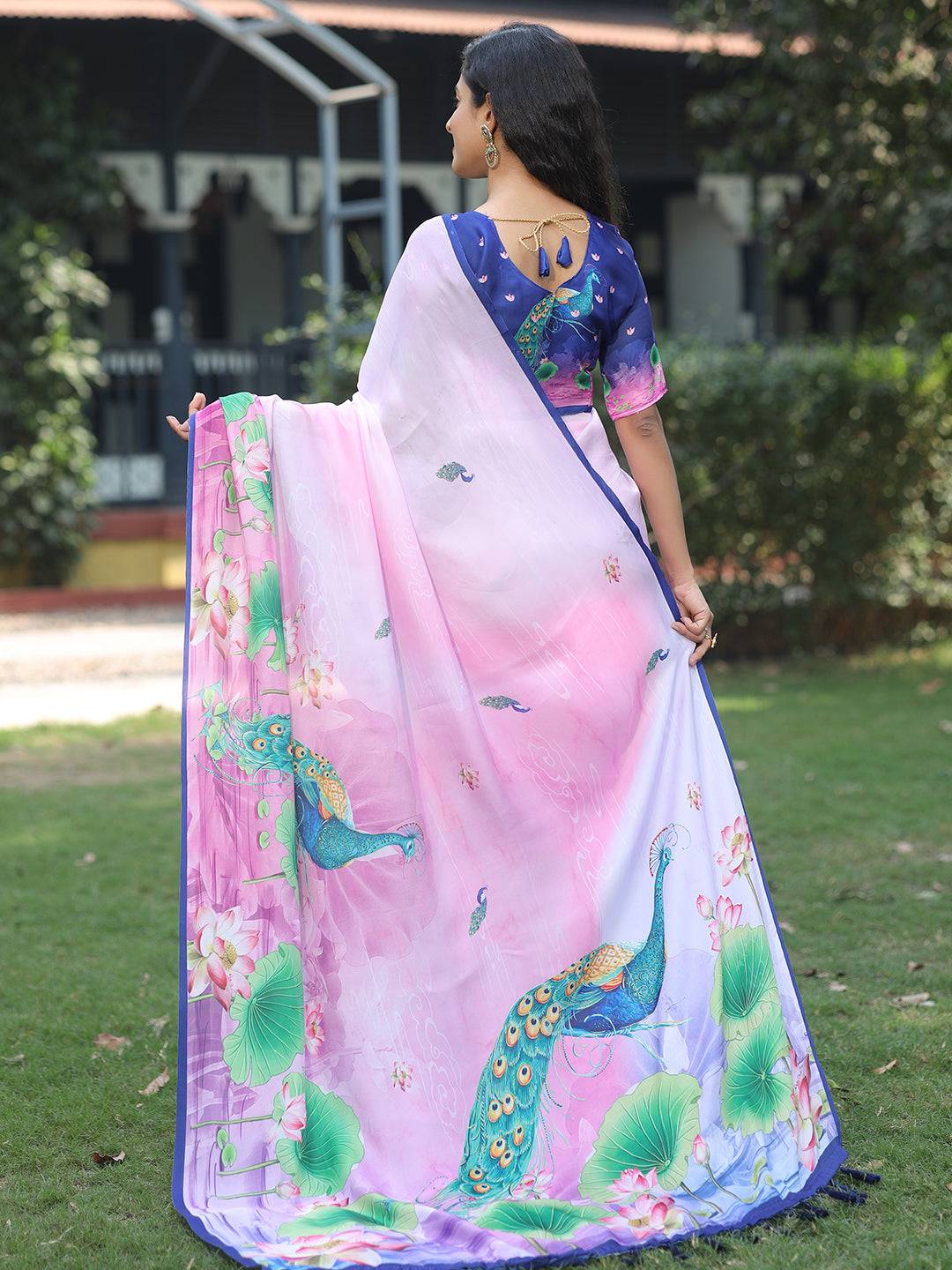 Satin Georgette Pink Colour Hand Print Saree - Luxe by My Store