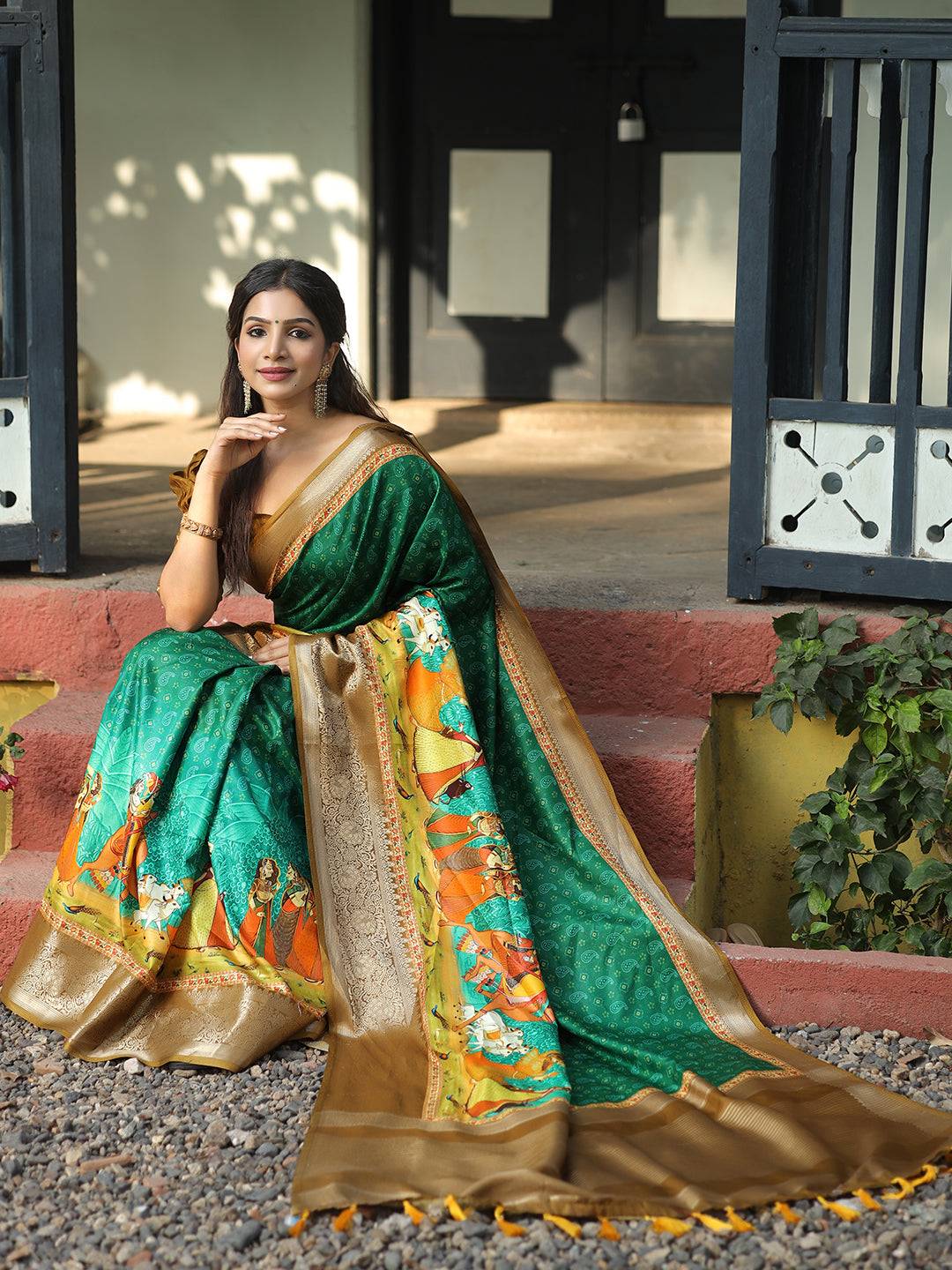 Viscose Dola Silk Turquoise Colour Saree with Floral and Mughal Print - Luxe