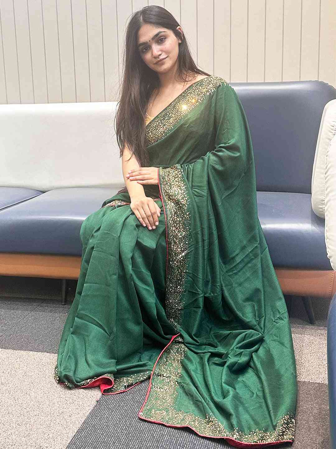 Green colour Vichitra Silk Saree With Embellish Swarovski Stone work by My Store