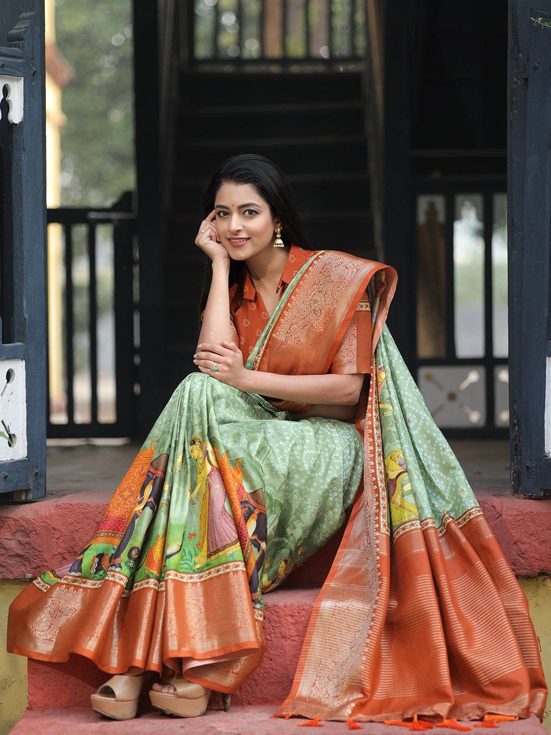 Pista Pure Viscose Dola Silk Saree with Exquisite Bhandhej Print - Luxe by My Store