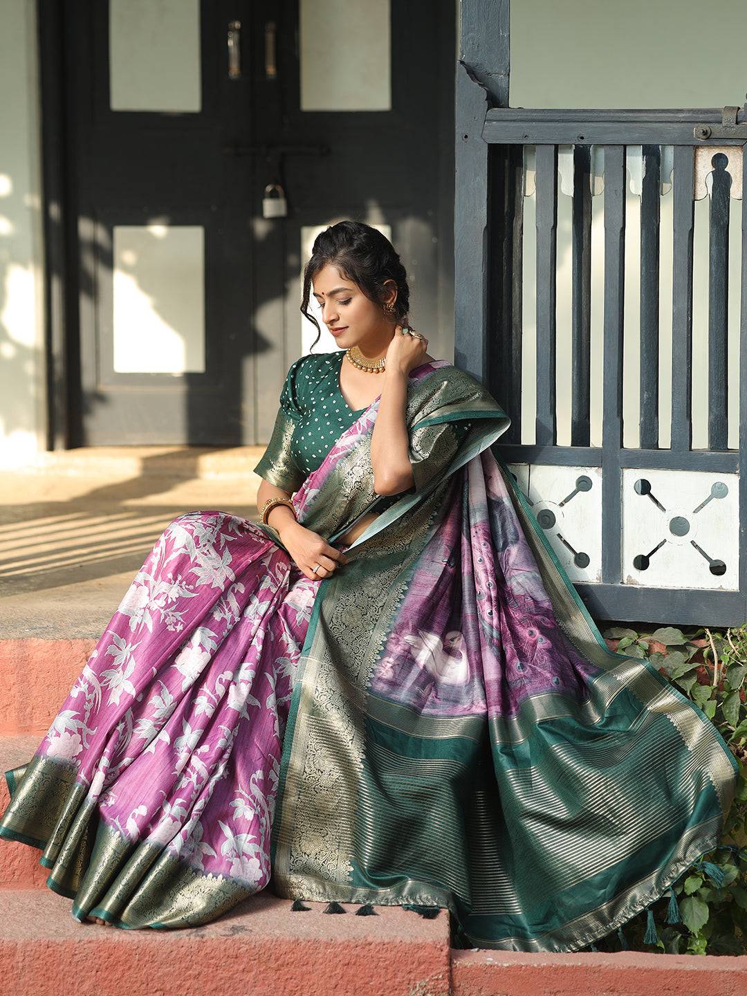 Viscose Dola Silk Purple Colour Saree with Floral and Mughal Print - Luxe