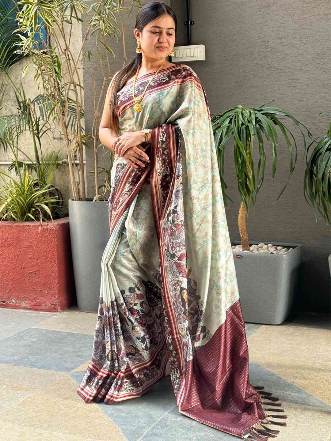 Pista Colour Satin Kota Doria Digital Kalamkari Zari Pallu by My Store