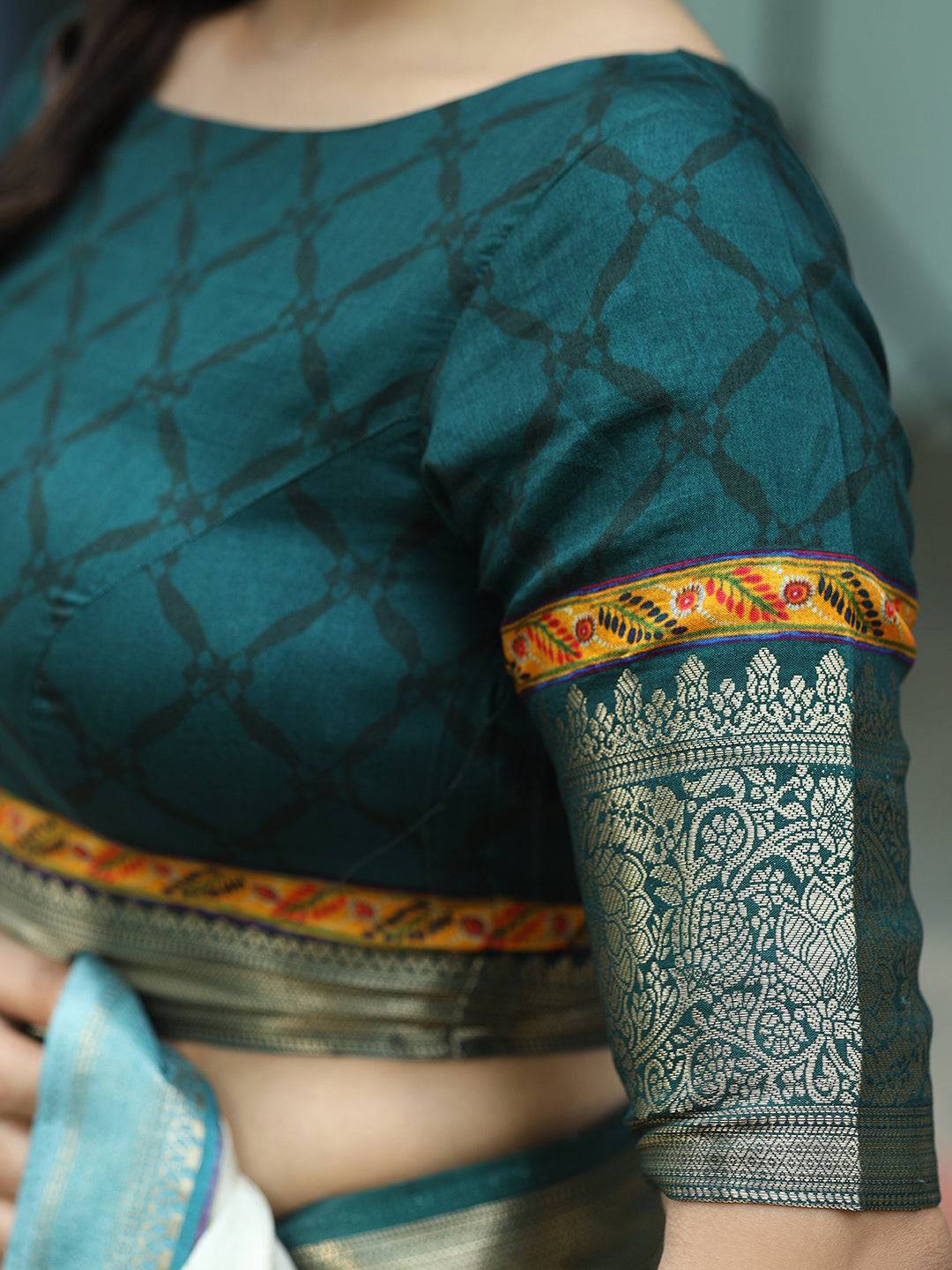 Pichwai Print Zari Weaving Pallu Saree In Pista Colour - Luxe by My Store