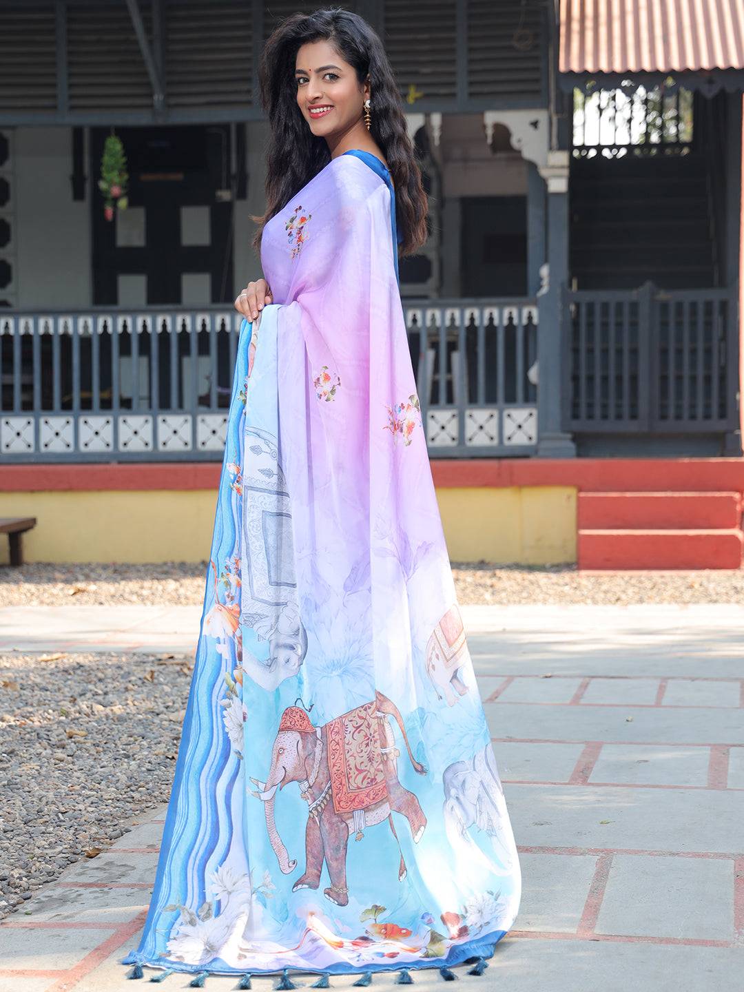 Satin Georgette Lavender Colour Hand Print Saree - Luxe by My Store