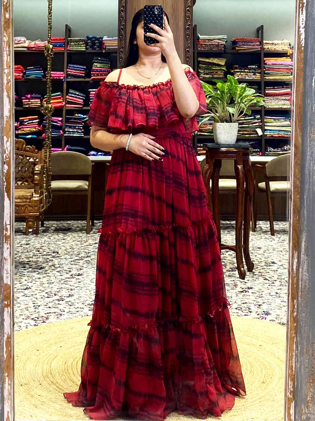 Tartan Print Off-Shoulder Ruffle Dress by My Store