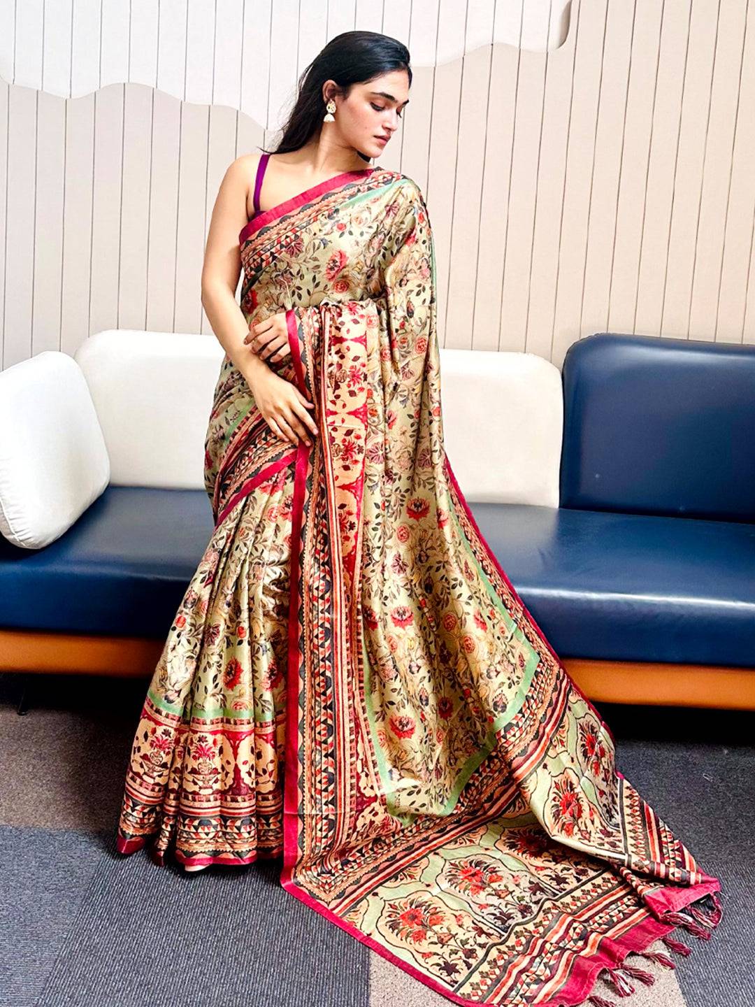 Pista Tussar Silk Flower Pashmina Print Saree by My Store