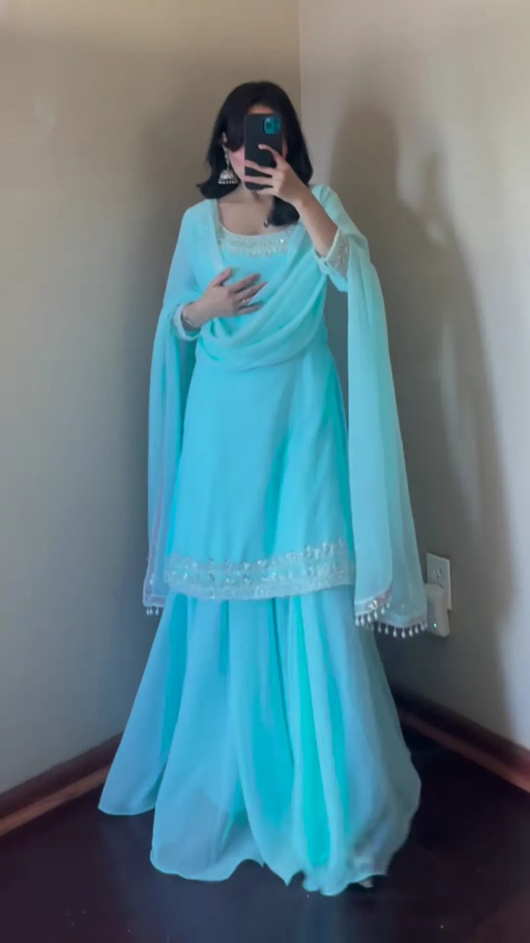 Sky Blue Chiffon Anarkali with Silver Embellishments - My Store