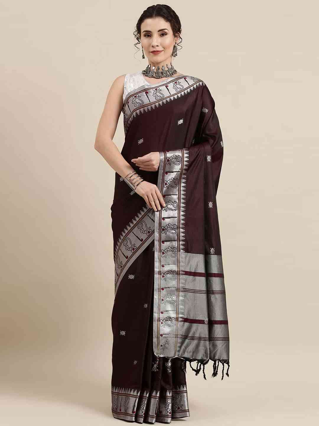 Brown Zari Silk Cotton Paithani Saree by My Store