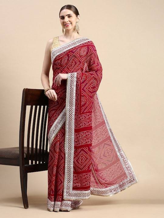Radiant Red Bandhani Printed Saree by My Store