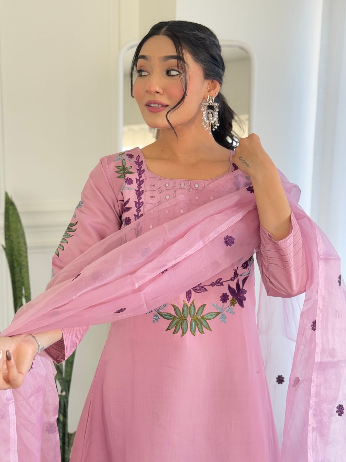 Charming Pink Embroidered Kurta Set with Sheer Dupatta