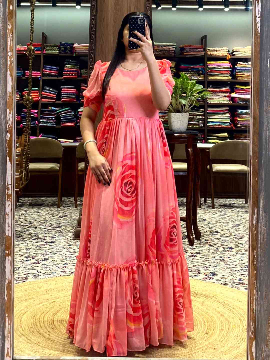 Coral Floral Georgette Dress by My Store
