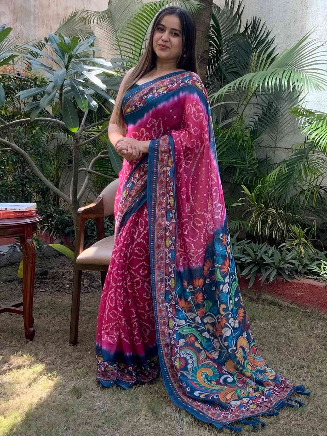 Linen Bandhej Kalamkari Digital Print Saree by My Store