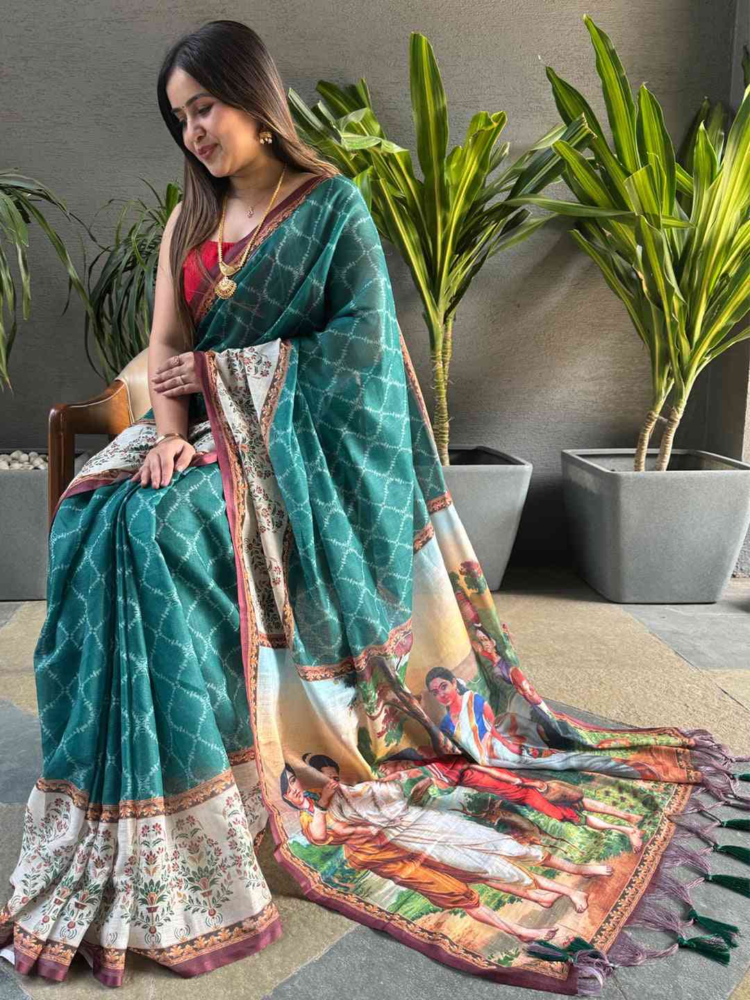 Teal Colour Ikkat Print Saree With kalamkari Block Print Design by My Store