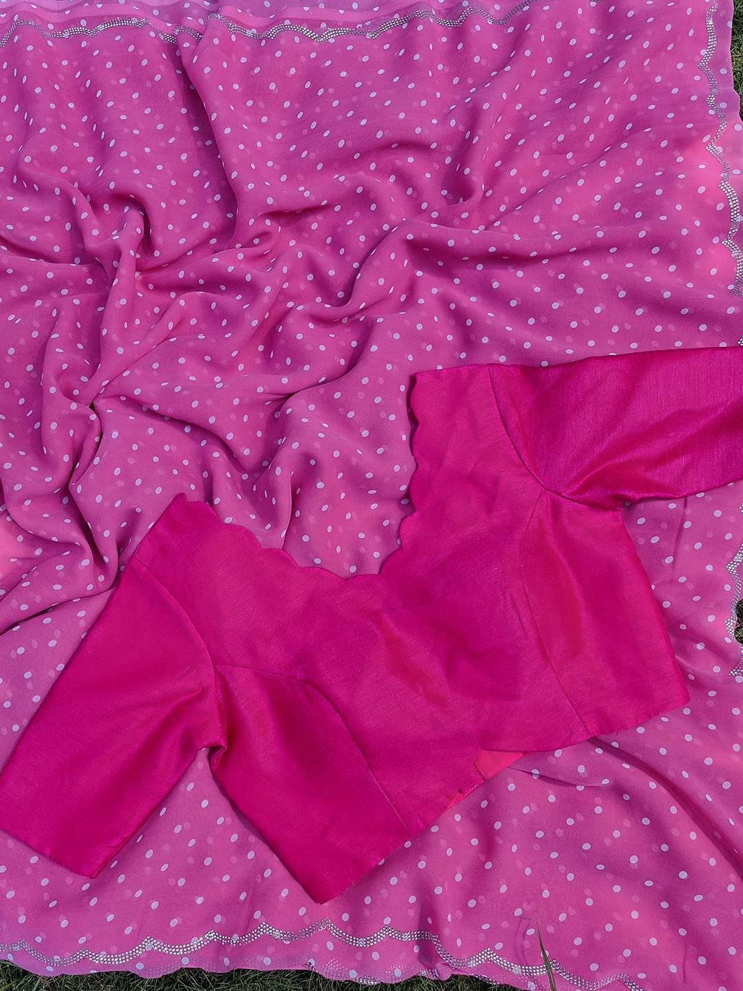 Peach Colour Pure Georgette Polka Dot Print Swaroski Cut Work Border Saree by My Store