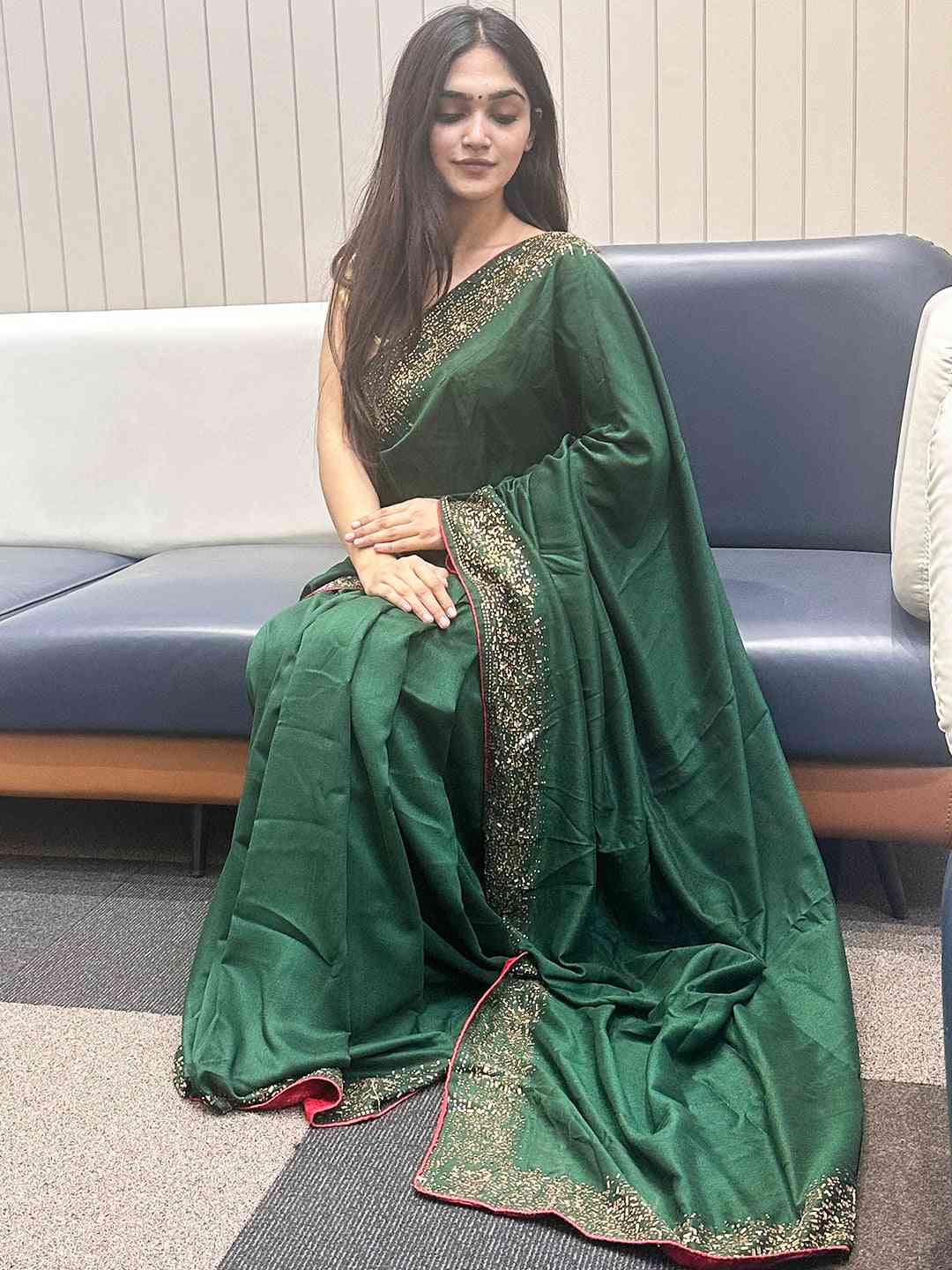 Green colour Vichitra Silk Saree With Embellish Swarovski Stone work by My Store